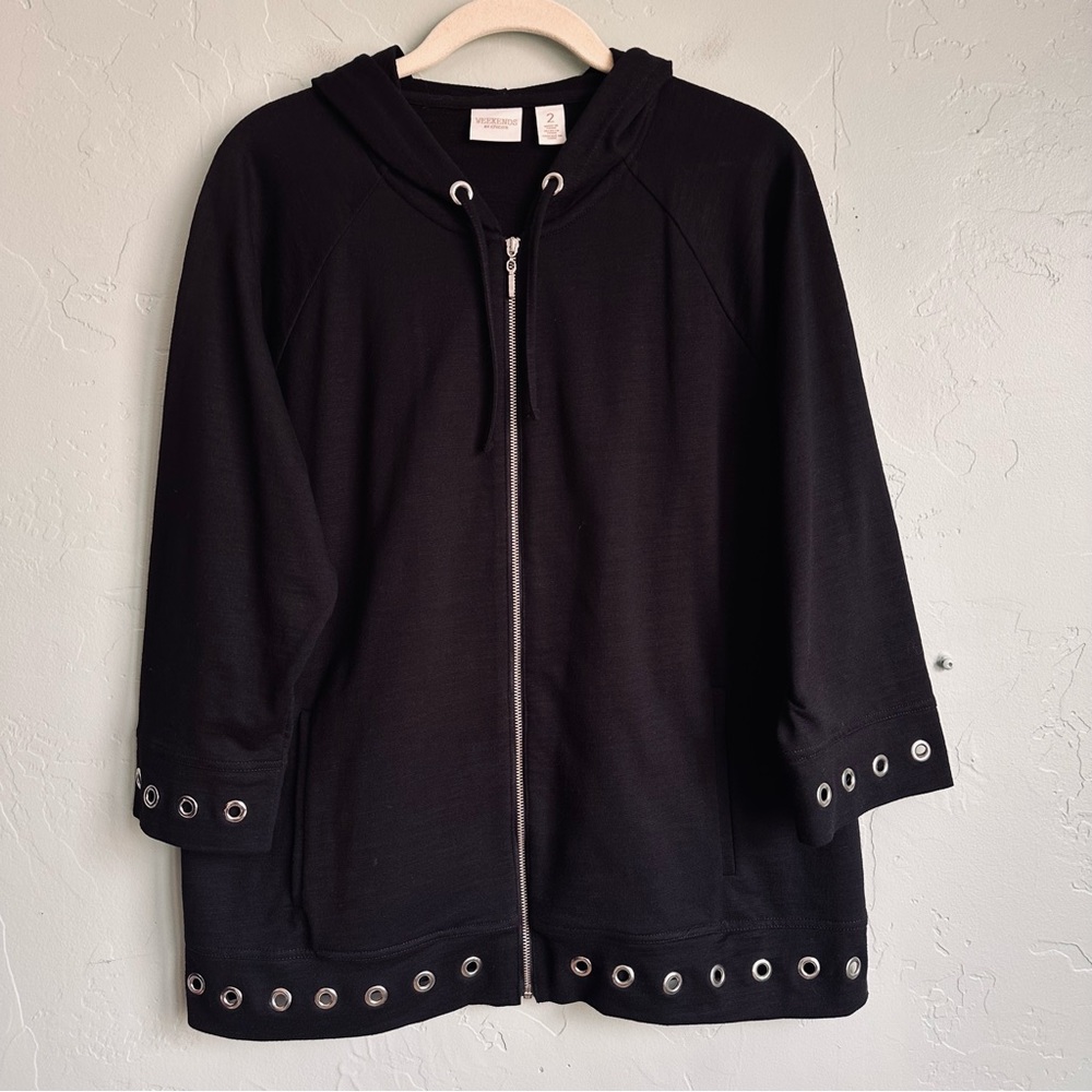 Chico's Women Black Hoodie Sweatshirt Jacket Silver Eyelet Accent Size 12 L EUC